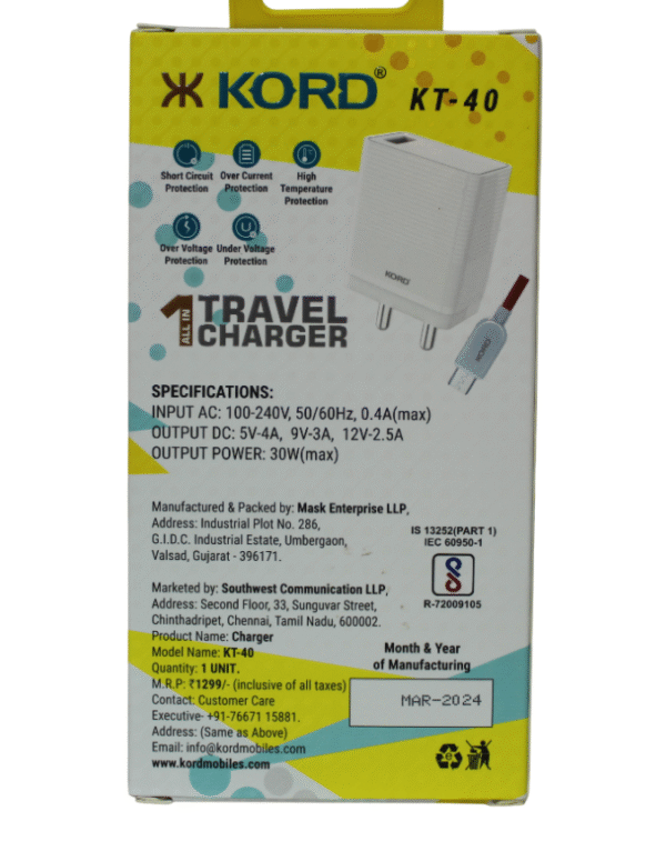 KORD POWER ADAPTER WITH CABLE | 30W | USB C-TYPE