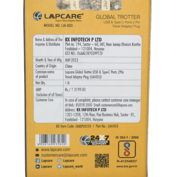 LAPCARE TRAVEL ADAPTER PLUG | 10 AMPS | USB & TYPE-C PORTS 2 PIN