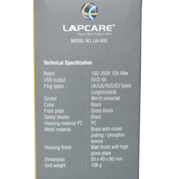 LAPCARE TRAVEL ADAPTER PLUG | 10 AMPS | USB & TYPE-C PORTS 2 PIN