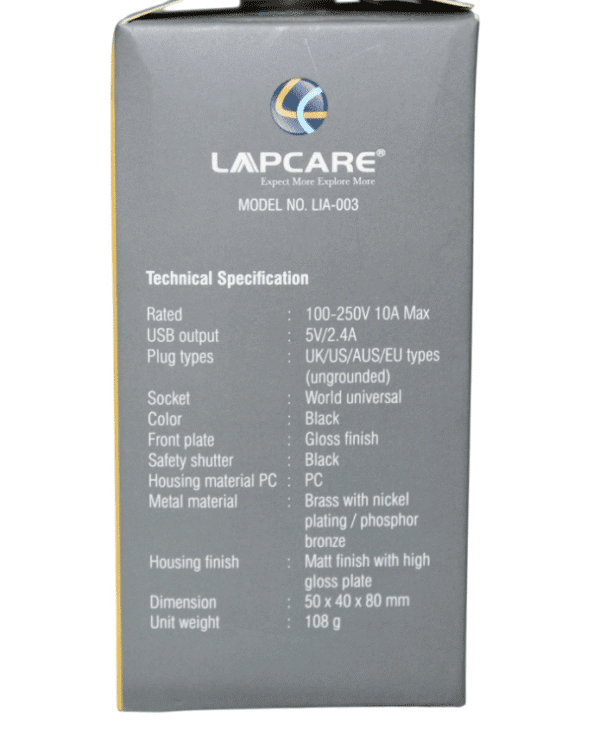 LAPCARE TRAVEL ADAPTER PLUG | 10 AMPS | USB & TYPE-C PORTS 2 PIN