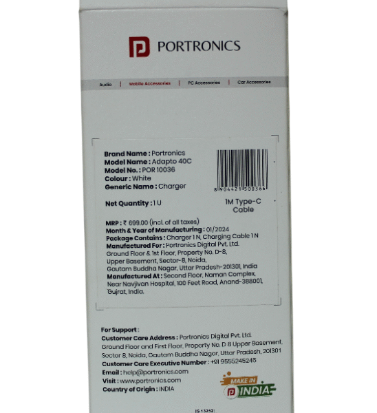 PORTRONICS POWER ADAPTER WITH CABLE | 18W | USB- C TYPE