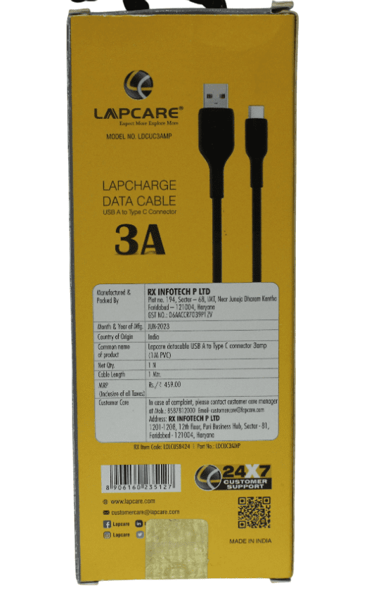 LAPCARE CABLE | USB A TO TYPE C | 3A