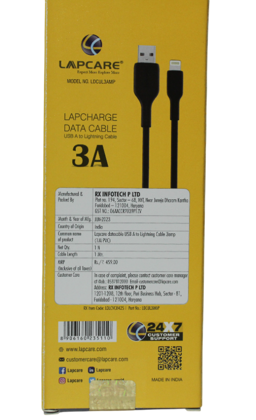LAPCARE CABLE | USB A TO LIGHTNING CABLE | 3A