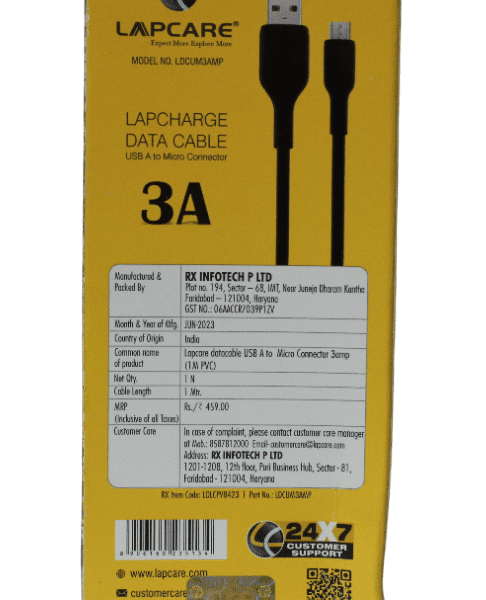 LAPCARE CABLE | USB A TO MICRO CONNECTOR | 3A